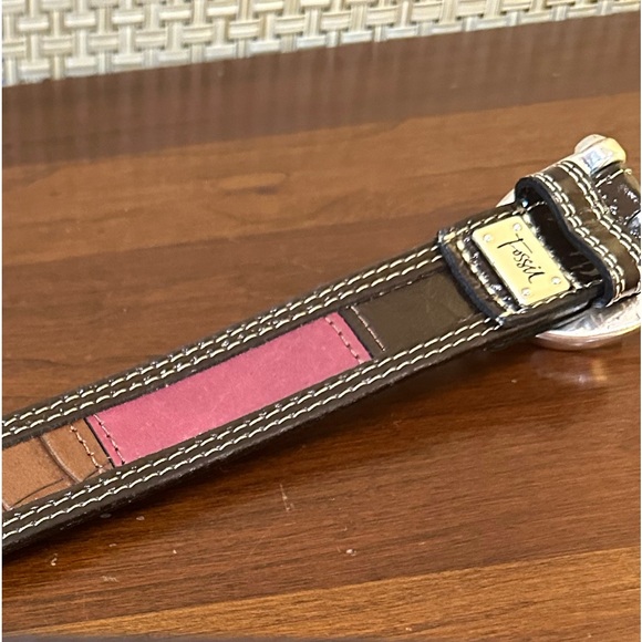 🌟2xHP🌟VTG 2000s Fossil Multicolor Patchwork Leather & Suede Silver Buckle Belt S - Picture 4 of 12